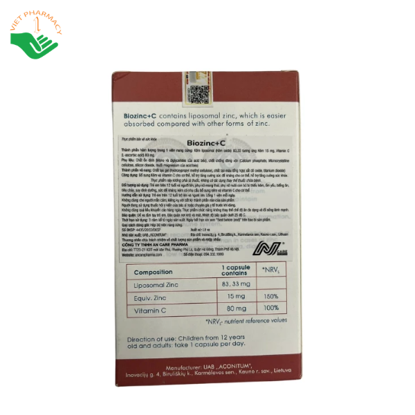 Viên uống Biozinc+C Aconitum tăng cường sức đề kháng, bổ sung kẽm và vitamin C (Hộp 30 viên)