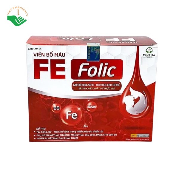 Viên uống bổ máu Fe Folic Vinpha hỗ trợ tái tạo hồng cầu, giảm nguy cơ thiếu máu (Hộp 10 vỉ x 10 viên)