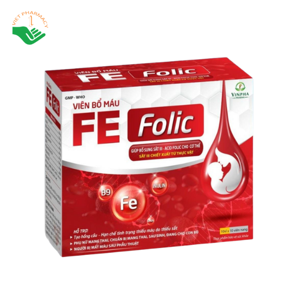 Viên uống bổ máu Fe Folic Vinpha hỗ trợ tái tạo hồng cầu, giảm nguy cơ thiếu máu (Hộp 10 vỉ x 10 viên)