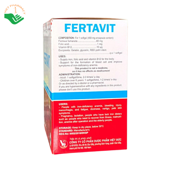 Viên uống Fertavit Việt Đức bổ sung sắt, acid folic và vitamin B12, hỗ trợ giảm thiếu máu do thiếu sắt (Hộp 10 vỉ x 10 viên) - Ảnh 7