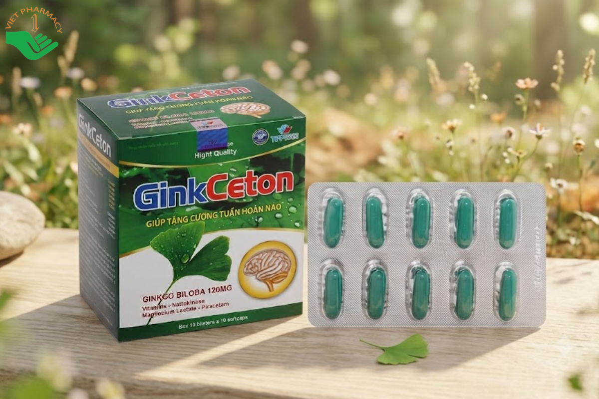 Viên uống GinkCeton TPP-France hỗ trợ tăng cường tuần hoàn máu não, giảm hoa mắt, chóng mặt và tê buồn chân tay (Hộp 10 vỉ x 10 viên)