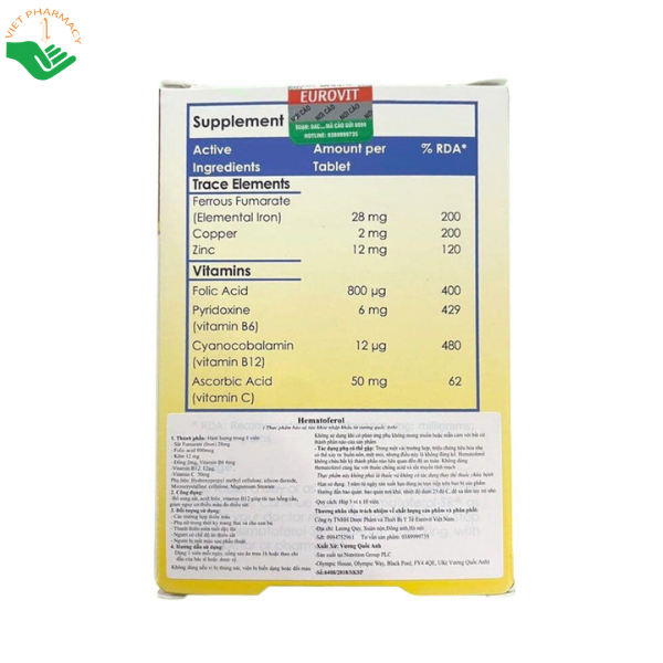 Viên uống Hematoferol MedEq bổ sung sắt, acid folic, vitamin B12 và các vitamin, khoáng chất hỗ trợ tạo hồng cầu, giảm nguy cơ thiếu máu do thiếu sắt (Hộp 30 viên)