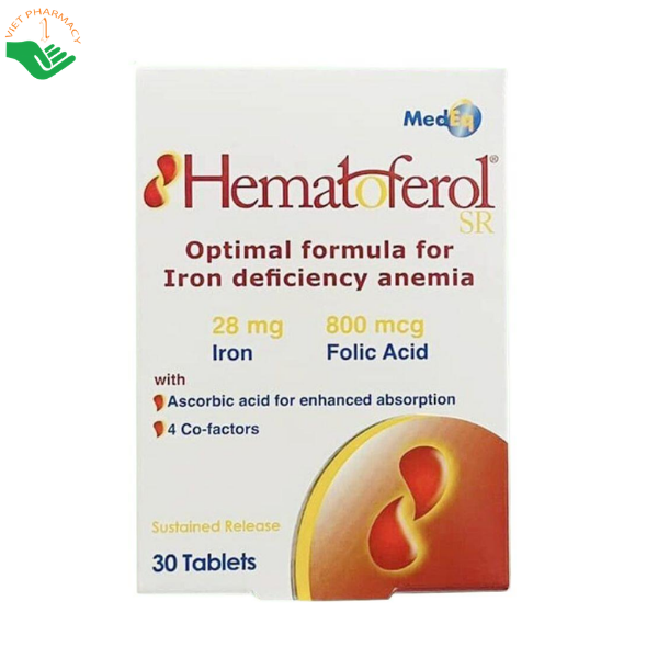 Viên uống Hematoferol MedEq bổ sung sắt, acid folic, vitamin B12 và các vitamin, khoáng chất hỗ trợ tạo hồng cầu, giảm nguy cơ thiếu máu do thiếu sắt (Hộp 30 viên)