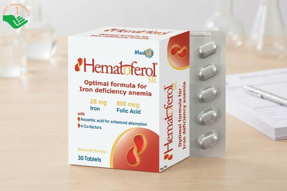 Viên uống Hematoferol MedEq bổ sung sắt, acid folic, vitamin B12 và các vitamin, khoáng chất hỗ trợ tạo hồng cầu, giảm nguy cơ thiếu máu do thiếu sắt (Hộp 30 viên)