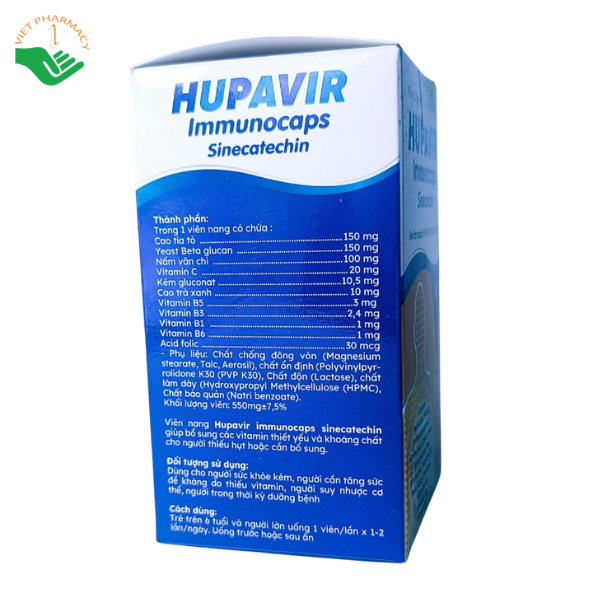 Viên uống Hupavir Immunocaps Sinecatechin Monapharm bổ sung vitamin, khoáng chất cho người sức đề kháng kém (Hộp 1 lọ 60 viên) - Ảnh 4