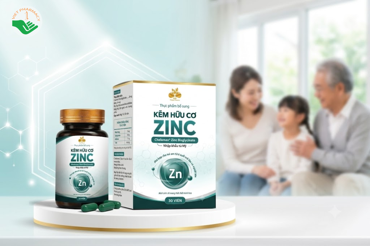 Viên uống Kẽm hữu cơ Zinc hỗ trợ chống oxy hóa, kháng viêm, hỗ trợ điều trị bệnh lý về da liễu (Hộp 30 viên)