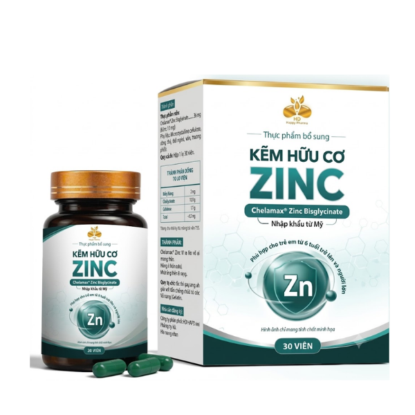 Viên uống Kẽm hữu cơ Zinc hỗ trợ chống oxy hóa, kháng viêm, hỗ trợ điều trị bệnh lý về da liễu (Hộp 30 viên)