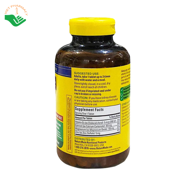 Viên uống Nature Made Calcium Magnesium Zinc bổ sung canxi, magie, kẽm và vitamin D3, hỗ trợ xương chắc khỏe (Lọ 300 viên) - Ảnh 2