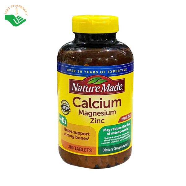 Viên uống Nature Made Calcium Magnesium Zinc bổ sung canxi, magie, kẽm và vitamin D3, hỗ trợ xương chắc khỏe (Lọ 300 viên)