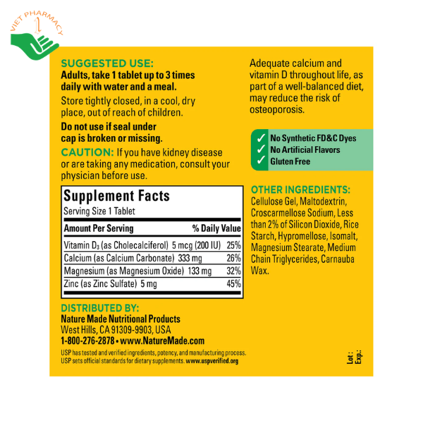 Viên uống Nature Made Calcium Magnesium Zinc bổ sung canxi, magie, kẽm và vitamin D3, hỗ trợ xương chắc khỏe (Lọ 300 viên) - Ảnh 5