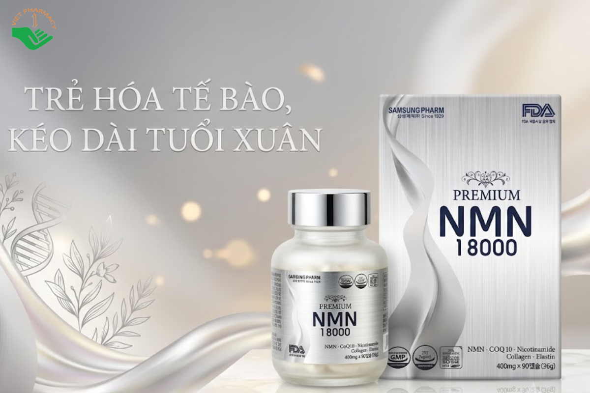 Viên uống Premium NMN 18000 Samsung Pharm hỗ trợ sản sinh NAD+ và chống oxy hóa (Hộp 90 viên)