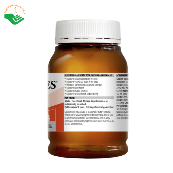 Viên uống Total Calcium Magnesium + D3 Blackmores hỗ trợ bổ sung canxi và giúp xương chắc khỏe (Lọ 200 viên)