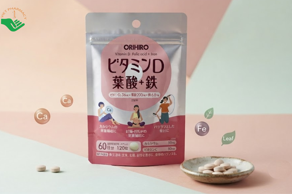 Viên uống Vitamin D Folic Acid + Iron Orihiro bổ sung vitamin D, axit folic, sắt và vitamin C (Túi 120 viên)