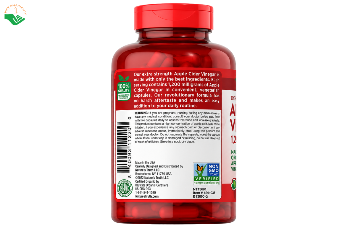 Viên uống Apple Cider Vinegar 1200mg Nature's Truth hỗ trợ kiểm soát cân nặng, hạn chế tích tụ mỡ thừa (Hộp 180 viên)