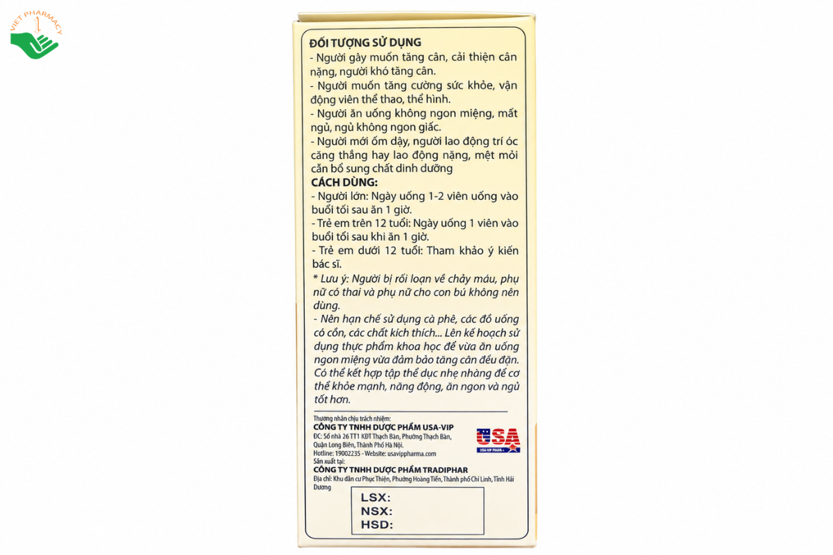 Viên uống Body Weight Gain USA-VIP hỗ trợ hấp thu dinh dưỡng, nâng cao thể lực và cân nặng (Hộp 30 viên)