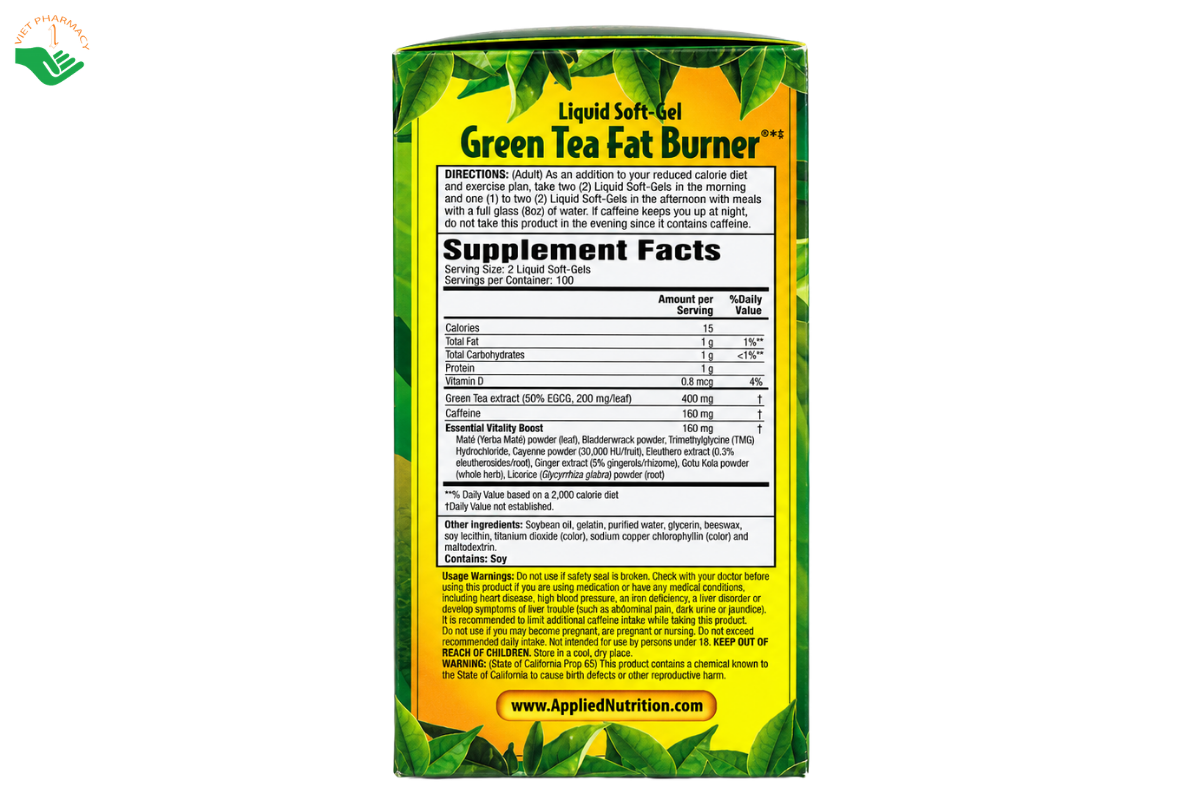 Viên uống Green Tea Fat Burner Applied Nutrition hỗ trợ giảm cân, tăng cường chuyển hóa (Hộp 200 viên)