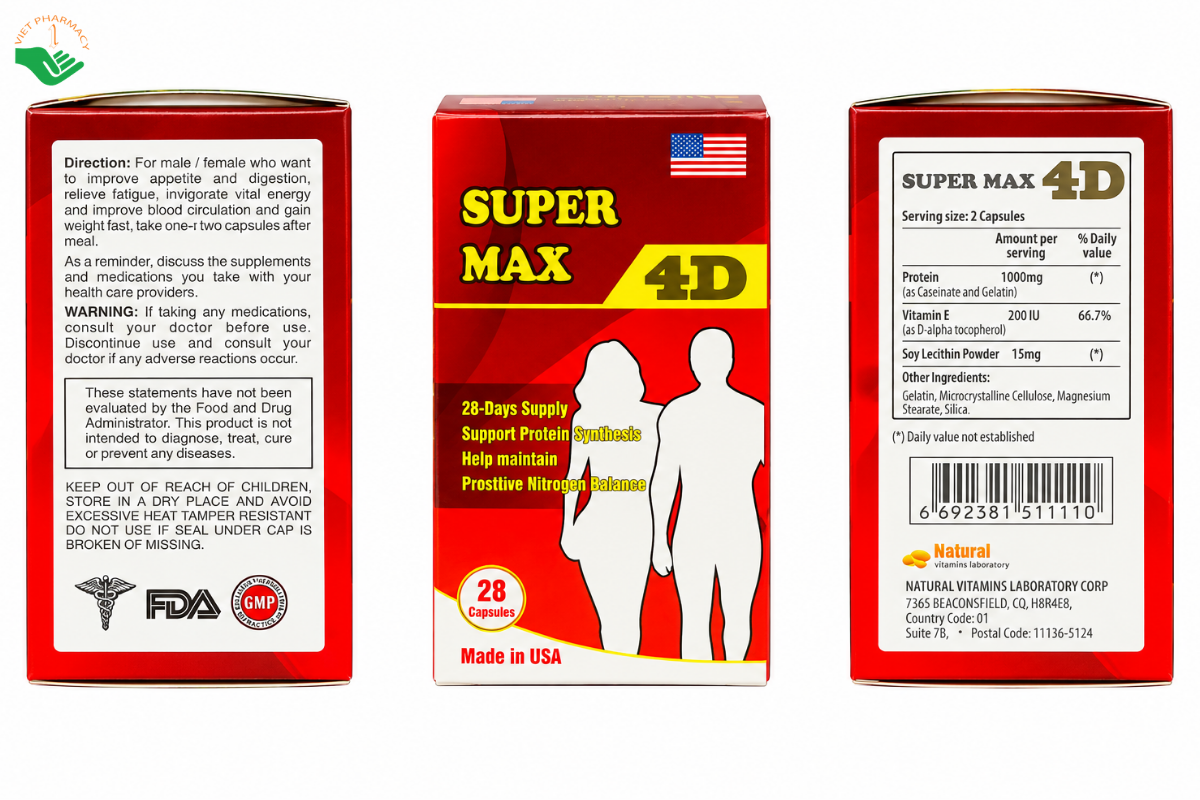 Viên uống Super Max 4D Natural Vitamins Laboratory bổ sung protein, hỗ trợ tăng cân (Hộp 28 viên)