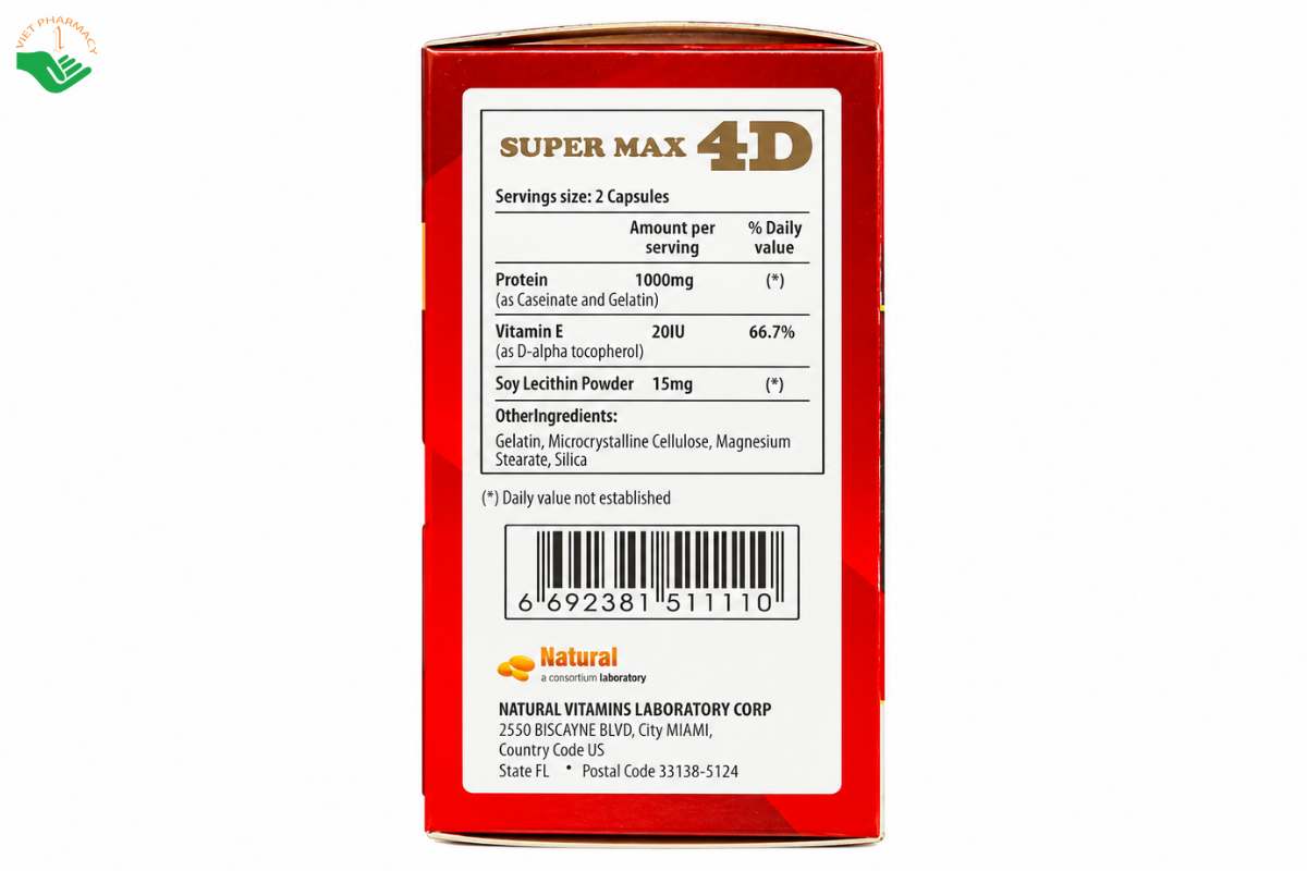 Viên uống Super Max 4D Natural Vitamins Laboratory bổ sung protein, hỗ trợ tăng cân (Hộp 28 viên)