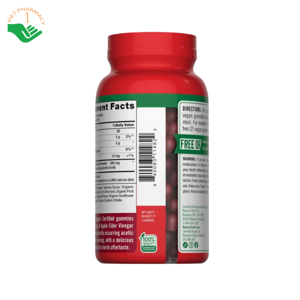 Kẹo dẻo giấm táo Apple Cider Vinegar Organic Gummies Nature’s Truth bổ sung giấm táo hữu cơ (Lọ 120 viên) - Ảnh 3
