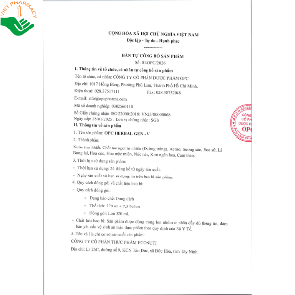 Nươc uống thảo mộc GEN – V OPC HERBAL hỗ trợ hệ tiêu hóa, thanh nhiệt giải độc (Hộp 6 lon)