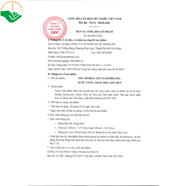 Nước uống thảo mộc lên men GEN Z KOMBUCHA OPC HERBAL hỗ trợ thanh nhiệt, tiêu hóa (Hộp 6 lon)