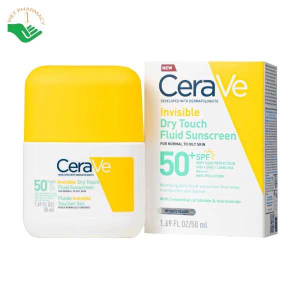Sữa chống nắng CeraVe Invisible Dry Touch Fluid Sunscreen SPF50+ PA++++ kiềm dầu đến 12 giờ (Chai 50ml)