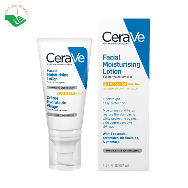 Sữa chống nắng & dưỡng ẩm Facial Moisturising Lotion AM SPF50 CeraVe bảo vệ da khỏi UVA/UVB, dưỡng ẩm đến 48 giờ (Tuýp 52ml)