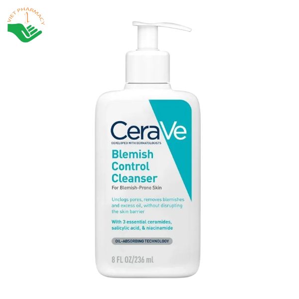 Sữa rửa mặt Blemish Control Cleanser CeraVe giảm mụn, kiểm soát bã nhờn cho da dầu mụn (Chai 236ml)