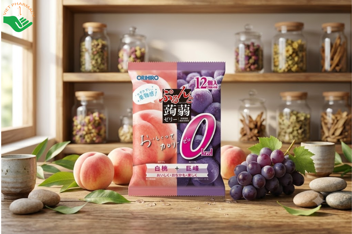 Thạch trái cây vị đào và nho tím Orihiro (túi 12 gói)