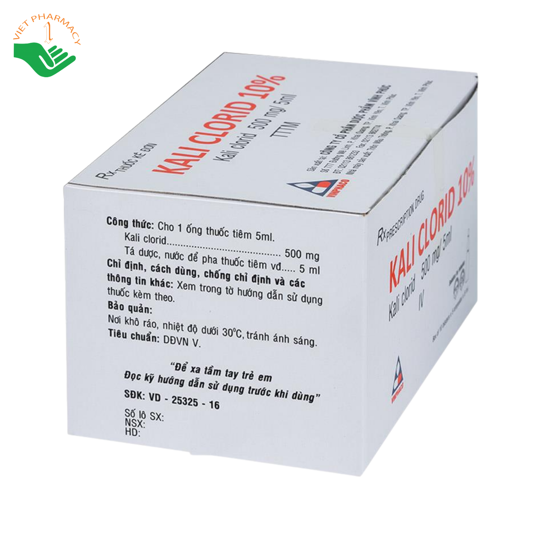 Thuốc tiêm Kali Clorid 10% Vinphaco điều trị và phòng ngừa giảm kali huyết (Hộp 10 vỉ x 5 ống x 5ml) - Ảnh 4