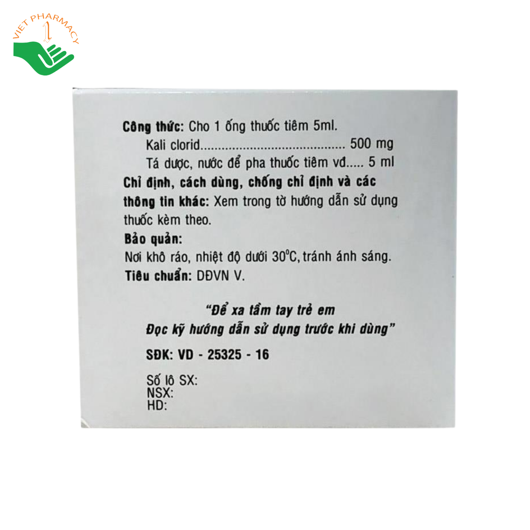 Thuốc tiêm Kali Clorid 10% Vinphaco điều trị và phòng ngừa giảm kali huyết (Hộp 10 vỉ x 5 ống x 5ml) - Ảnh 5