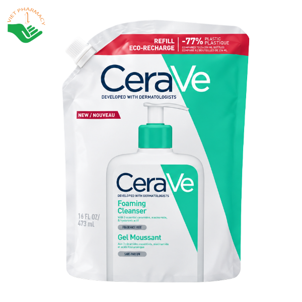 Túi refill sữa rửa mặt Foaming Cleanser CeraVe làm sạch sâu, kiểm soát dầu thừa cho da thường đến da dầu (Túi 473ml)