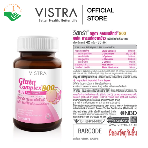 Viên uống Gluta Complex 800 Plus Rice Extract Vistra hỗ trợ chống oxy hóa, chăm sóc làn da (Lọ 30 viên) - Ảnh 3