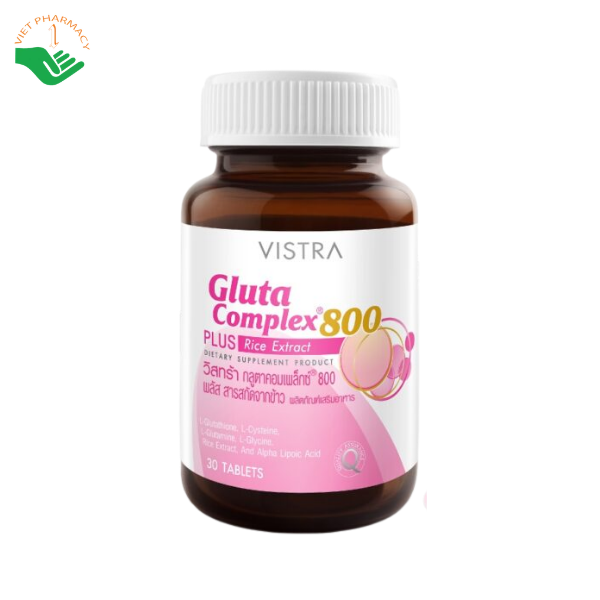 Viên uống Gluta Complex 800 Plus Rice Extract Vistra hỗ trợ chống oxy hóa, chăm sóc làn da (Lọ 30 viên)