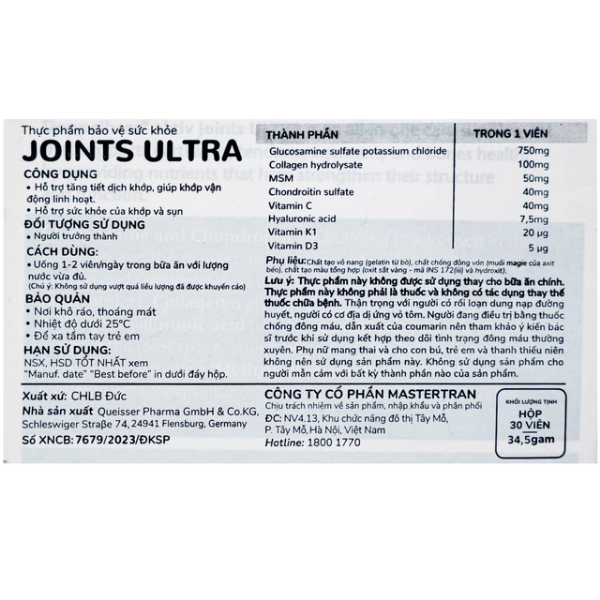 Viên uống Joints Ultra Doppelherz hỗ trợ tăng tiết dịch khớp (Hộp 30 viên)