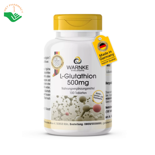 Viên uống L-Glutathion 500mg Warnke hỗ trợ chống oxy hóa, làm sáng da (Lọ 100 viên)