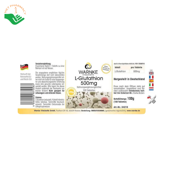 Viên uống L-Glutathion 500mg Warnke hỗ trợ chống oxy hóa, làm sáng da (Lọ 100 viên) - Ảnh 2