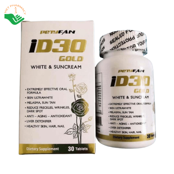 Viên uống Petyfan iD30 Gold White & Suncream Tusa Pharma hỗ trợ giảm thâm nám, làm sáng da (Hộp 30 viên)
