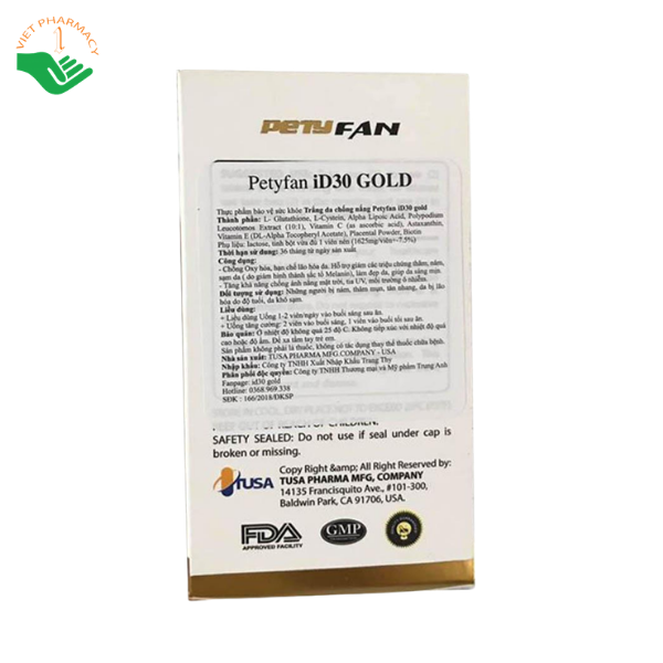 Viên uống Petyfan iD30 Gold White & Suncream Tusa Pharma hỗ trợ giảm thâm nám, làm sáng da (Hộp 30 viên) - Ảnh 4