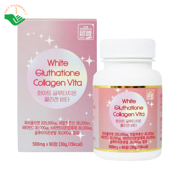 Viên uống White Glutathione Collagen Vita Samsung Pharm hỗ trợ làm sáng, cấp ẩm và tăng đàn hồi da (Hộp 60 viên)
